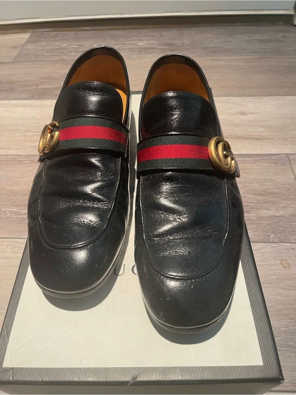 Gucci Black Leather Men’s Loafers with Red and Green Web & Gold Horsebit